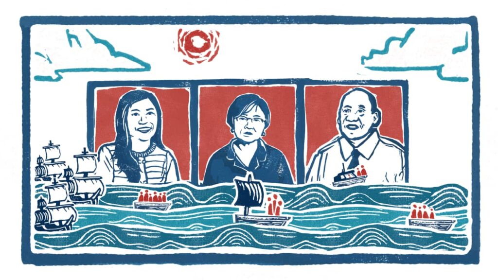 An illustrated picture depicting three people in photo frames hovering over an ocean with a variety of boats sailing across.