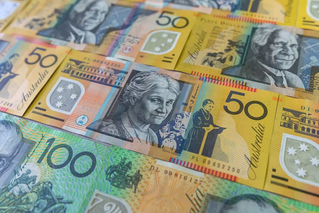 Aussie australian money as financial background. AUD dollar banknote